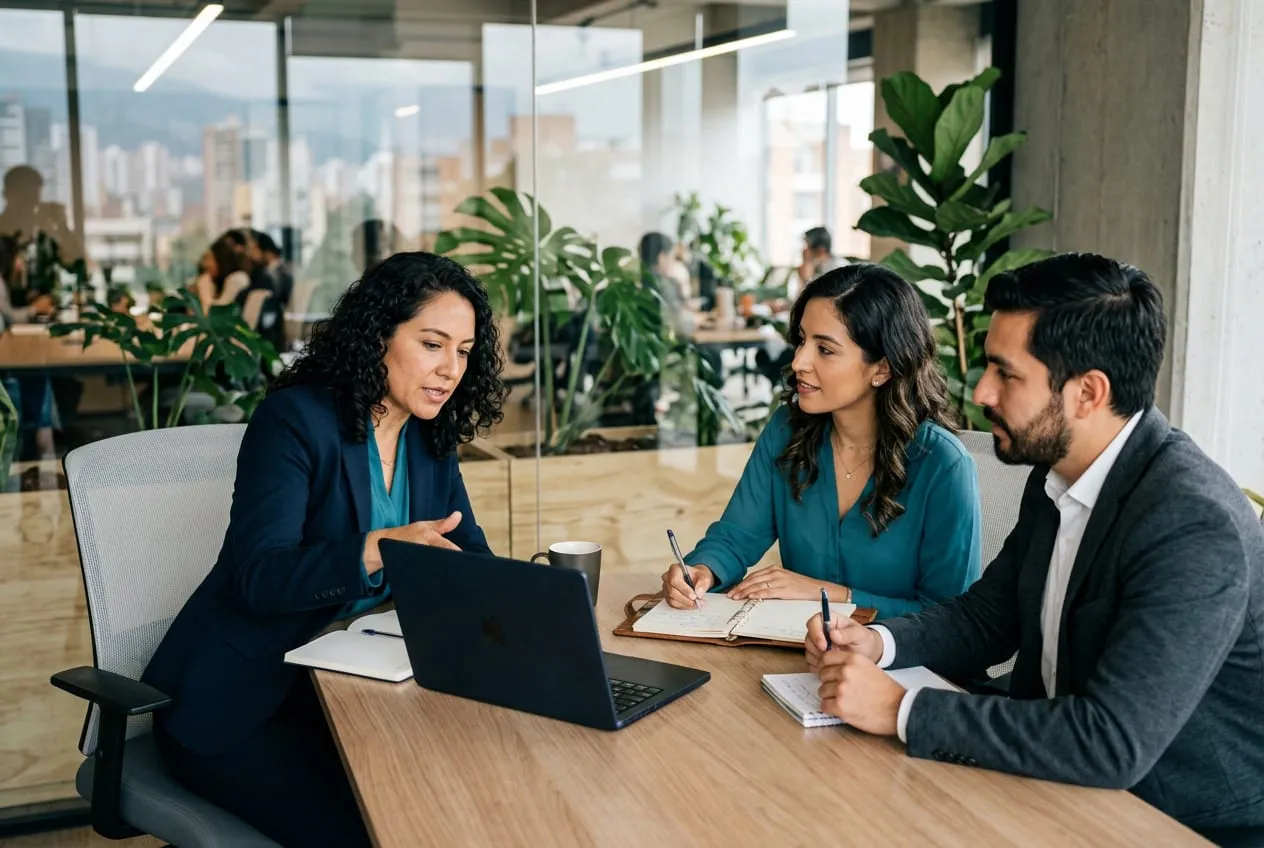 Consultora de NurbanSoft revisando la configuración del sistema con un cliente